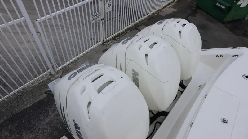  Yacht Photos Pics Three powerful outboard engines on a 2018 Boston Whaler 380 Outrage boat.