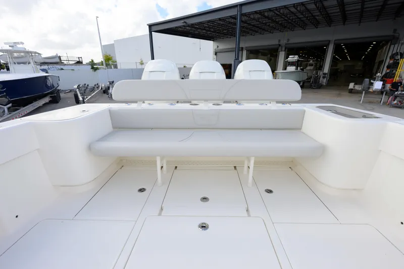 Seavee Yacht Photos Pics 2022 SeaVee 370Z boat interior with seating and storage compartments.