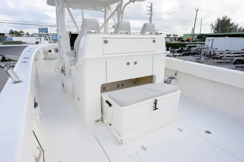 Seavee Yacht Photos Pics 2022 SeaVee 370Z boat interior with seating and storage, showcasing sleek design.