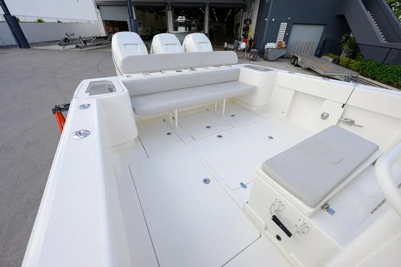 Seavee Yacht Photos Pics 2022 SeaVee 370Z boat interior with spacious seating and storage.