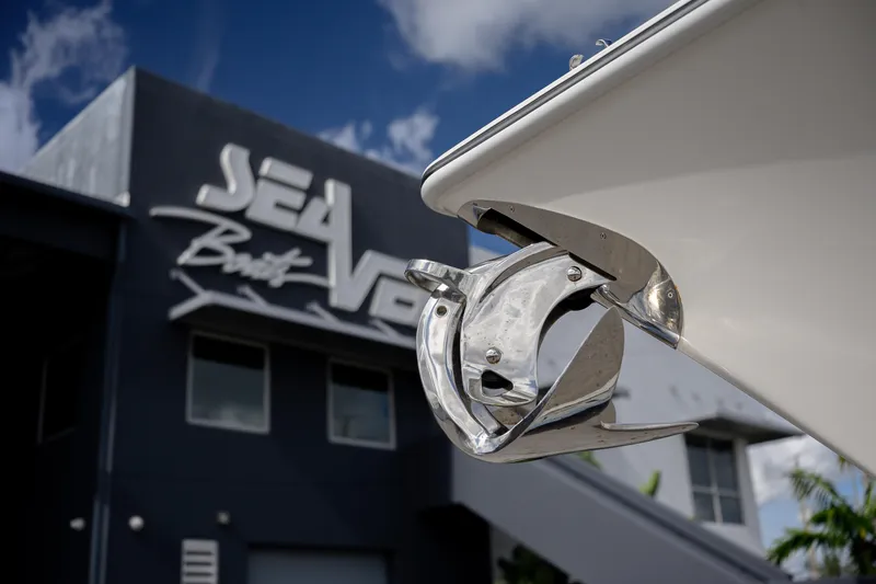 Seavee Yacht Photos Pics 2022 SeaVee 370Z boat anchor with SeaVee building in background.