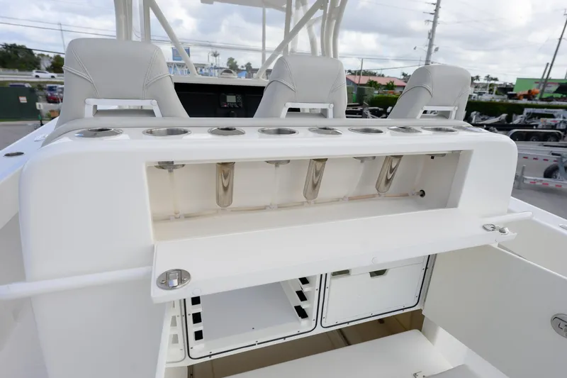 Seavee Yacht Photos Pics 2022 SeaVee 370Z boat interior with rod holders and storage compartments.