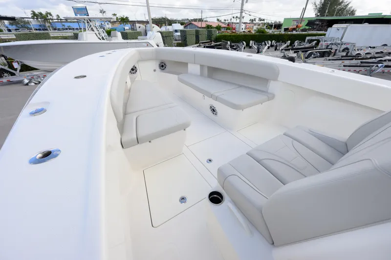 Seavee Yacht Photos Pics 2022 SeaVee 370Z boat interior with spacious seating and modern design.