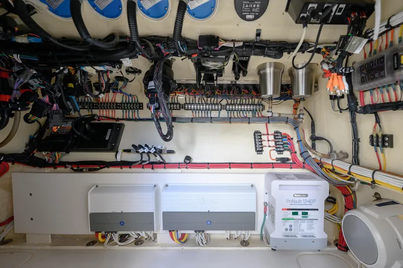 Seavee Yacht Photos Pics Electrical system of a 2022 SeaVee 370Z boat, showcasing wiring and components.
