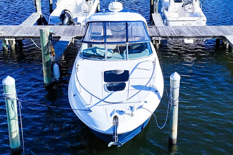  Yacht Photos Pics 2015 Sea Ray 310 Sundancer docked at marina, front view.