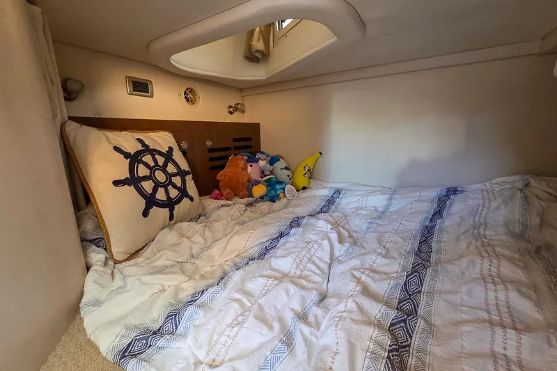  Yacht Photos Pics Cozy cabin interior of 2015 Sea Ray 310 Sundancer with nautical decor and plush toys.