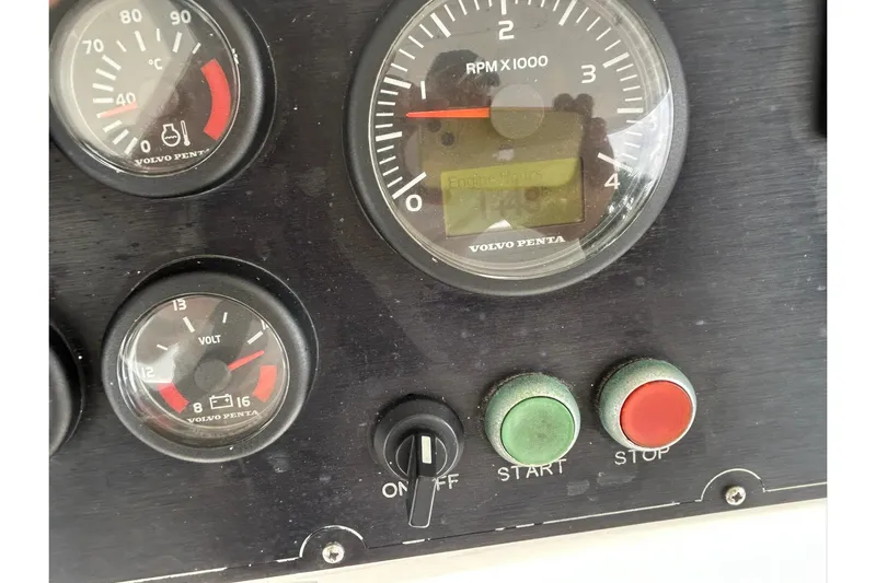 Shearwater Yacht Photos Pics Control panel of a 2011 Leopard 47 Powercat with Volvo Penta gauges and buttons.