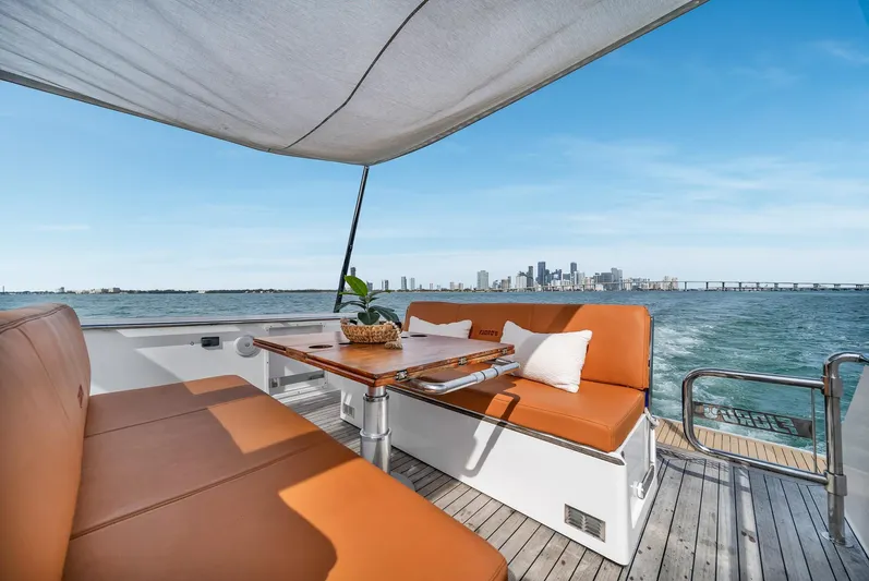 Elise Yacht Photos Pics Luxurious 2017 Fjord 40 Open yacht with elegant seating, ocean view, and city skyline backdrop.