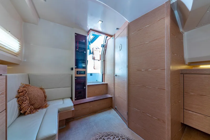 Elise Yacht Photos Pics Interior of 2017 Fjord 40 Open yacht with modern seating and wooden finishes.