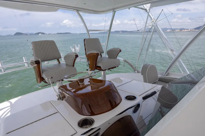 Seven Seas Yacht Photos Pics Luxurious 2024 Viking 58 Convertible yacht interior with elegant seating and ocean view.