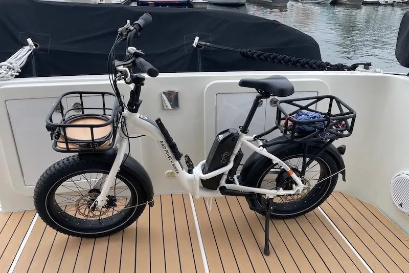 Four Us Yacht Photos Pics Electric bike on a 2006 Carver 42 Super Sport yacht deck.