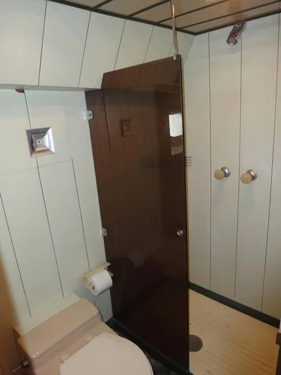 Pier Pressure Yacht Photos Pics Bathroom interior of 1990 Inace 88 Custom yacht with shower and toilet.