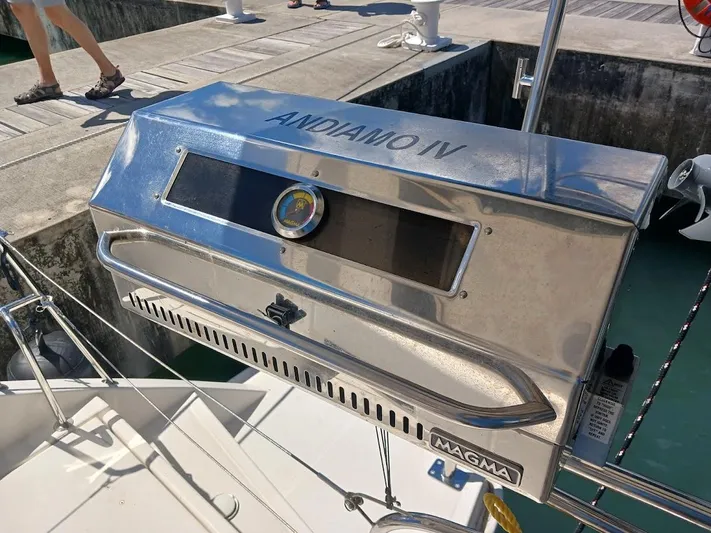 Andiamo IV Yacht Photos Pics Stainless steel Magma grill on Leopard 48 yacht, dockside.