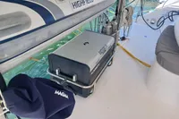 Leopard 48 yacht deck with Highfield boat and Magma grill, 2018 model.