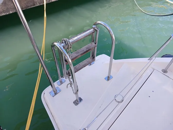 Andiamo IV Yacht Photos Pics Stainless steel swim ladder on a 2018 Leopard 48 yacht, docked in green water.