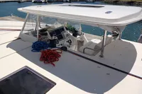 2018 Leopard 48 yacht cockpit with ropes and navigation equipment.