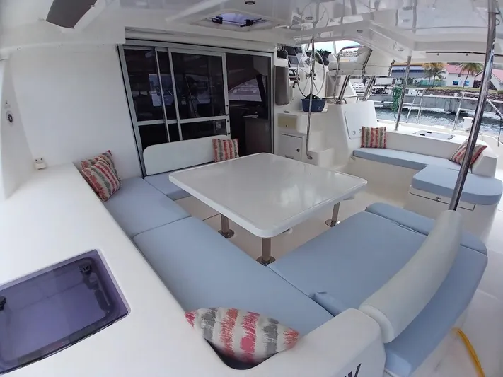 Andiamo IV Yacht Photos Pics Luxurious 2018 Leopard 48 yacht interior with spacious seating and modern design.