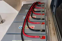 Battery setup in a 2018 Leopard 48 yacht, featuring multiple connected batteries.