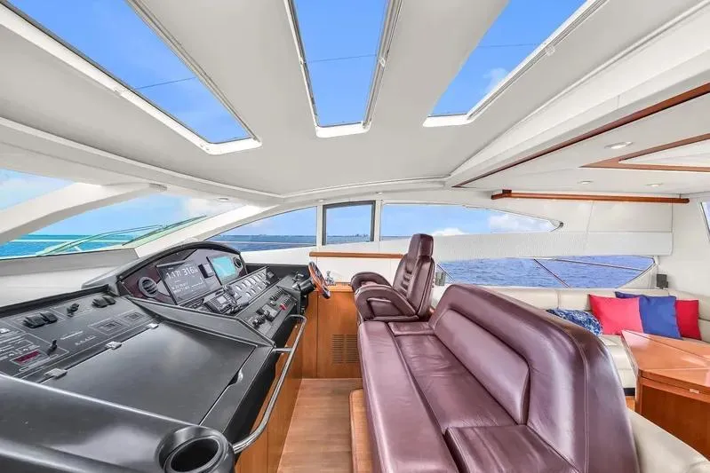  Yacht Photos Pics Luxurious interior of 2006 Sunseeker Predator 72 yacht with leather seating and panoramic windows.