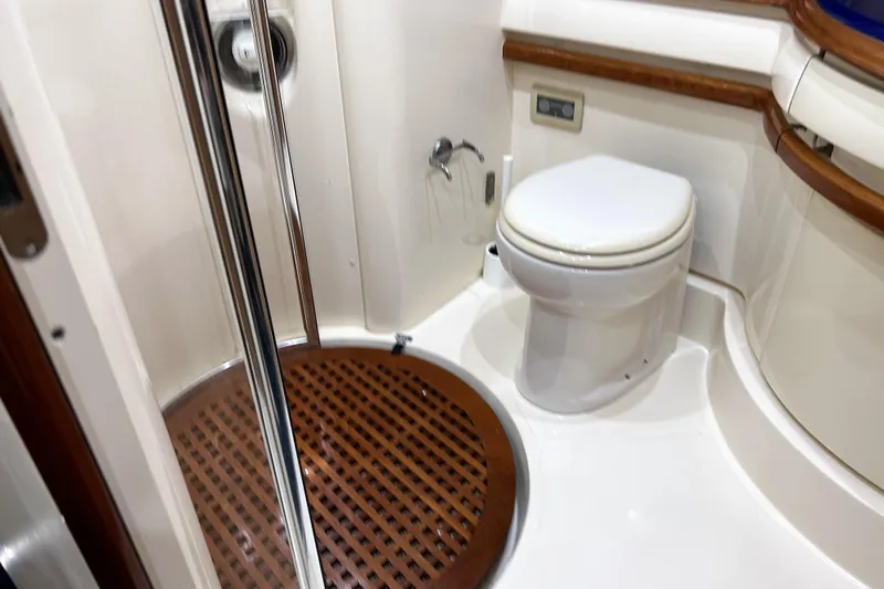  Yacht Photos Pics Bathroom interior of 2003 Azimut 55 yacht with shower and toilet.