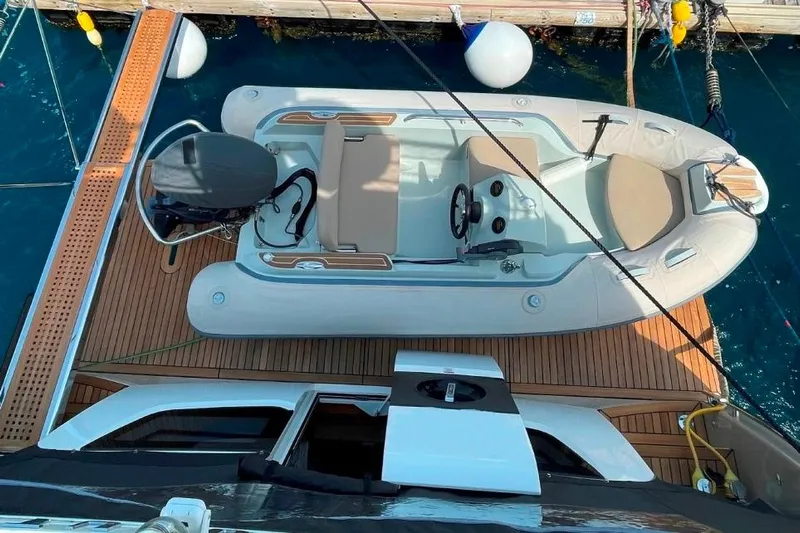  Yacht Photos Pics Overhead view of 2018 Absolute NAVETTA 58 yacht with inflatable tender on deck.