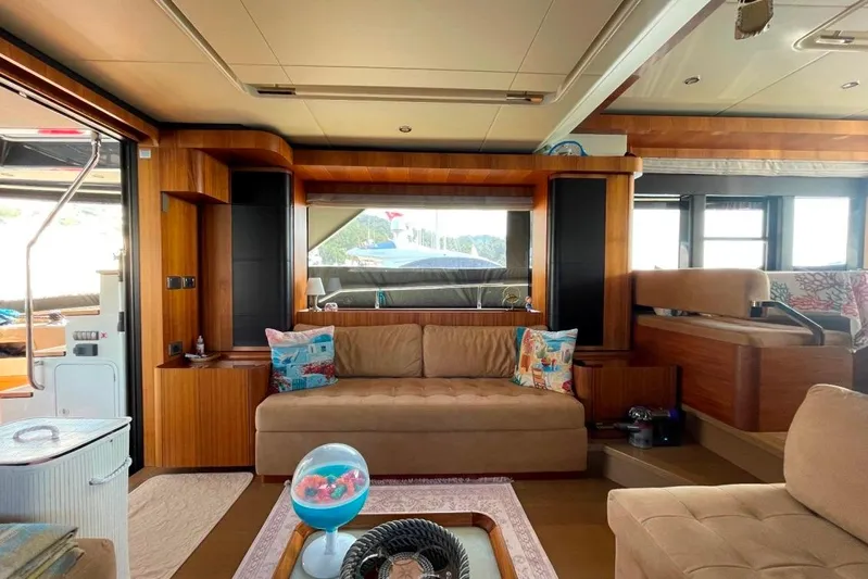  Yacht Photos Pics Luxurious interior of 2018 Absolute NAVETTA 58 yacht with elegant wood finishes and cozy seating.