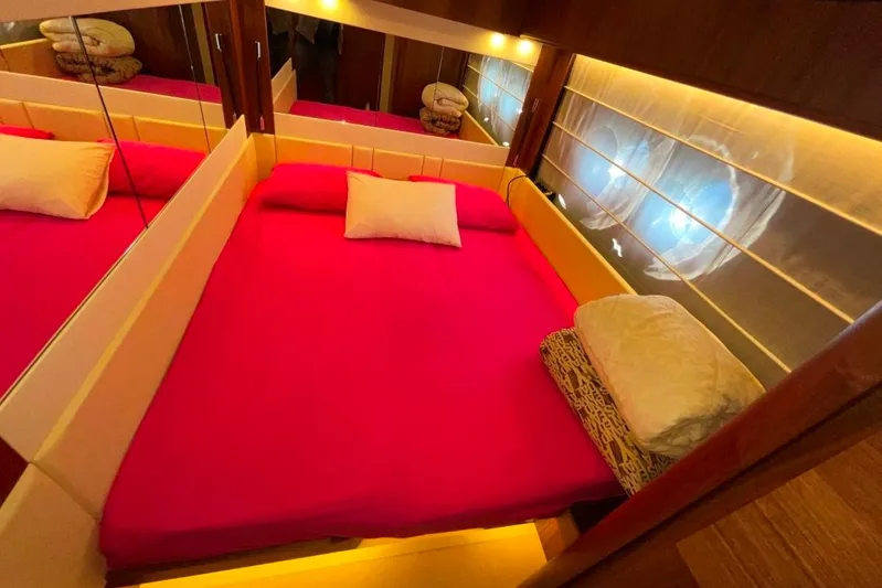  Yacht Photos Pics Luxurious bedroom interior on 2018 Absolute NAVETTA 58 yacht with vibrant red bedding.