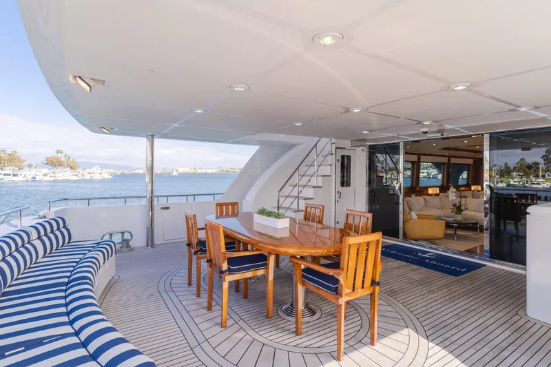 White Lotus Yacht Photos Pics Luxurious 2011 President Sterling Tri-Deck yacht with elegant outdoor dining area and scenic ocean view.