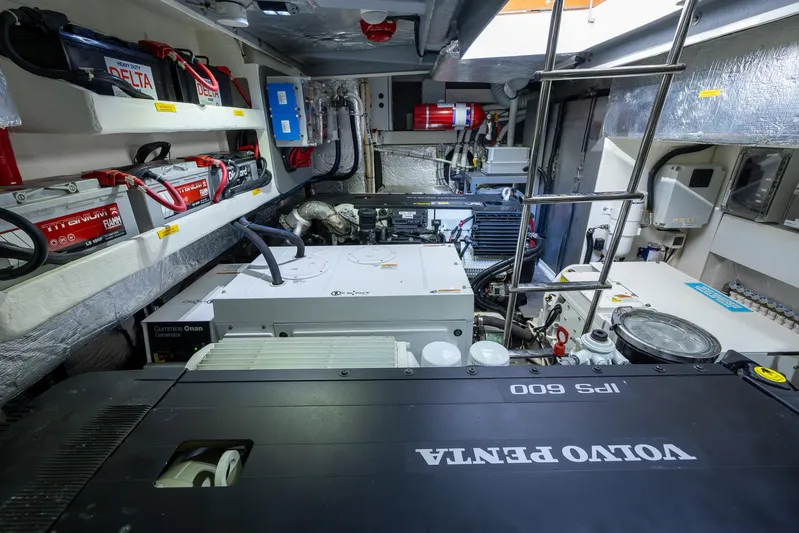 Four Sail Yacht Photos Pics Engine room of 2020 Absolute Flybridge yacht with Volvo Penta IPS 600 system.