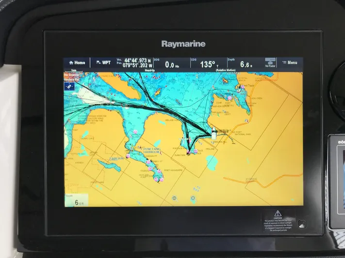 Forevermore Yacht Photos Pics Raymarine navigation display on 2016 Sea Ray L590 Fly yacht, showing nautical chart.