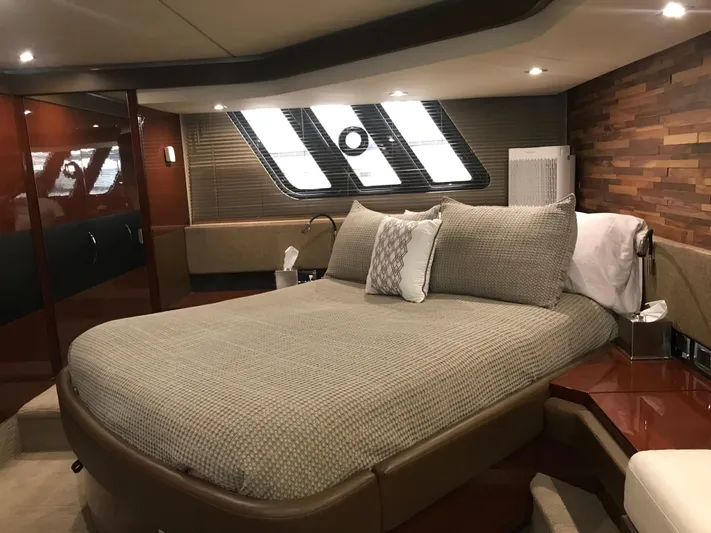 Forevermore Yacht Photos Pics Luxurious bedroom interior of 2016 Sea Ray L590 Fly yacht with modern design.