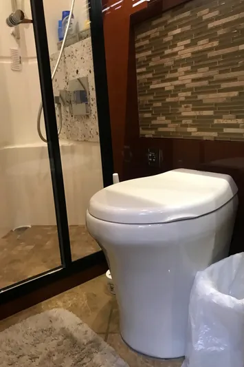 Forevermore Yacht Photos Pics Luxurious bathroom in 2016 Sea Ray L590 Fly yacht with modern shower and toilet.