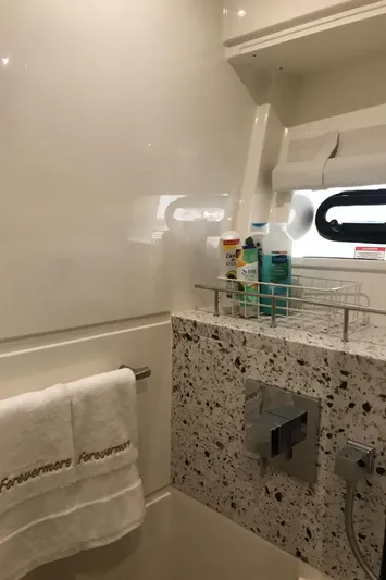 Forevermore Yacht Photos Pics Luxurious bathroom in 2016 Sea Ray L590 Fly yacht with modern fixtures and amenities.