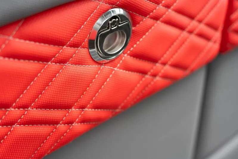 Incognito Yacht Photos Pics Red quilted upholstery detail on 2022 Cigarette 42 Nighteagle boat interior.