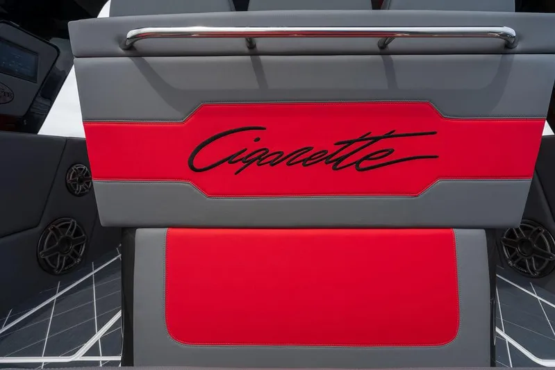 Incognito Yacht Photos Pics 2022 Cigarette 42 Nighteagle boat interior with red and gray seating.