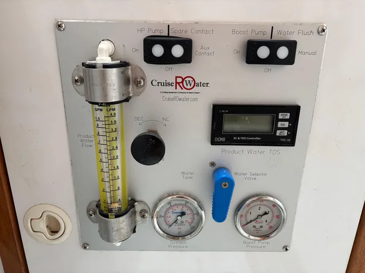 Making Memorie's Yacht Photos Pics Control panel of a Cruise RO Water system with gauges and switches, Manta 40, 1999.