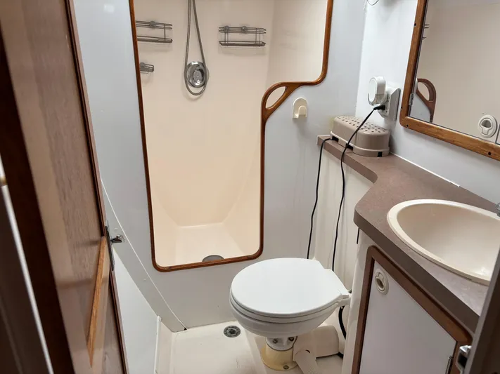 Making Memorie's Yacht Photos Pics Compact bathroom in a 1999 Manta 40 yacht with shower, toilet, and sink.