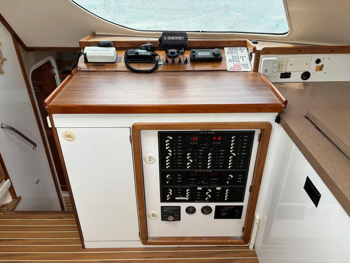 Making Memorie's Yacht Photos Pics Control panel of a 1999 Manta 40 boat with navigation equipment and wooden accents.