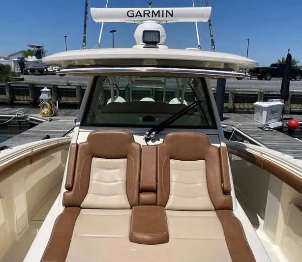 Shady Lady II Yacht Photos Pics 2019 Scout 380 LXF boat with Garmin equipment, docked at a marina.