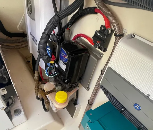 Shady Lady II Yacht Photos Pics Engine compartment of a 2019 Scout 380 LXF boat, showcasing wiring and components.