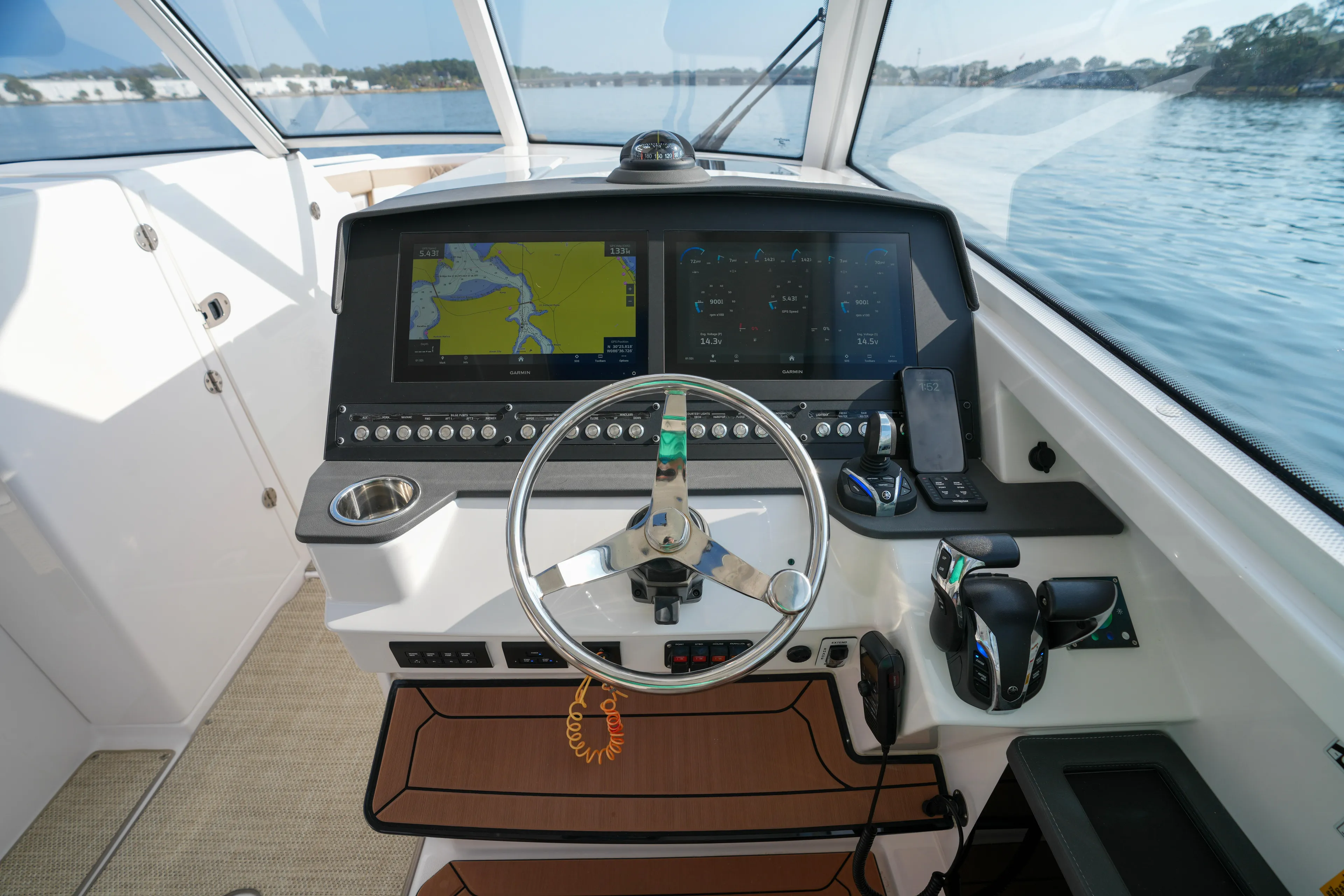  Yacht Photos Pics 2023 Everglades 340 Dual Console boat helm with advanced navigation displays and controls.