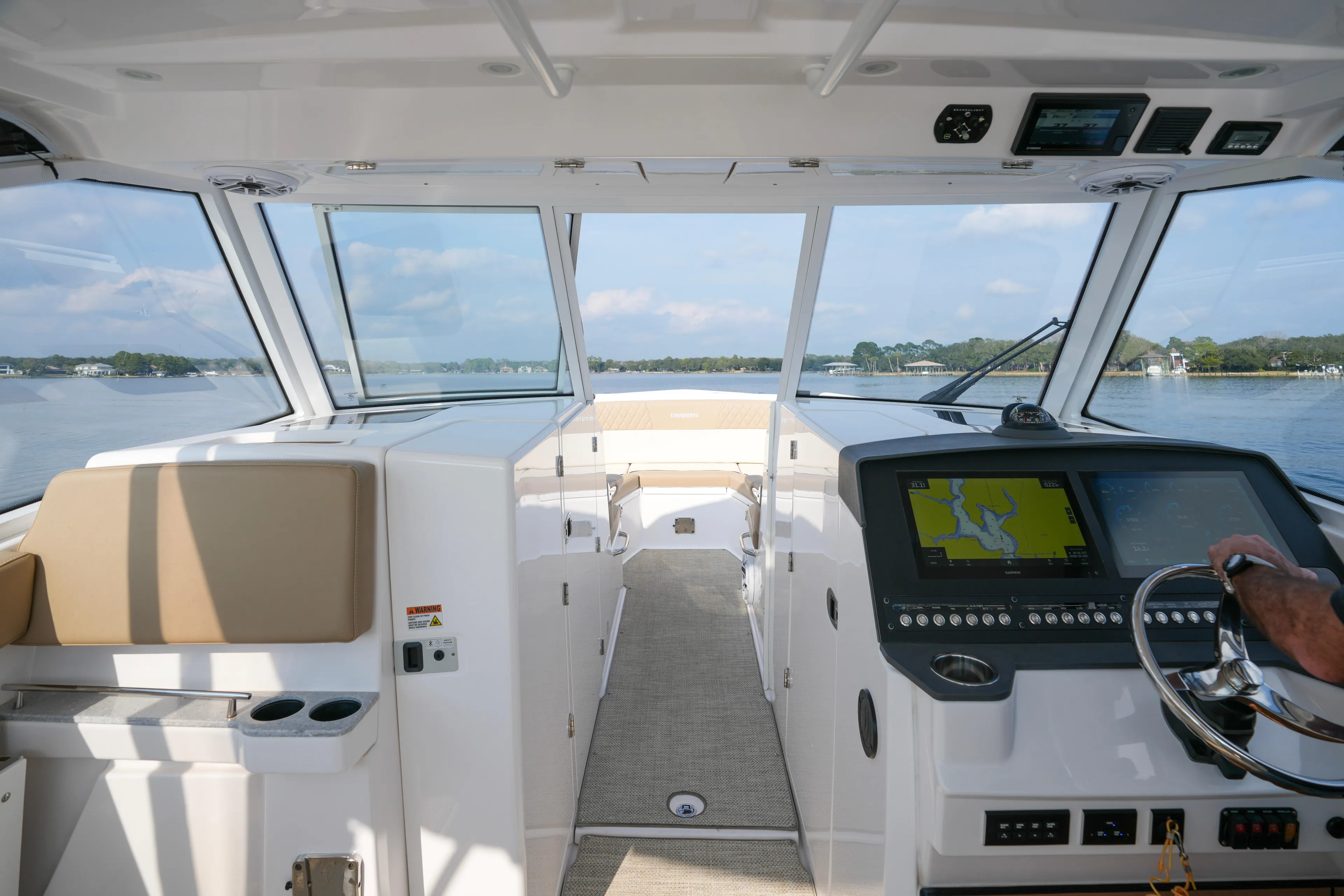  Yacht Photos Pics Interior view of 2023 Everglades 340 Dual Console boat with navigation system.