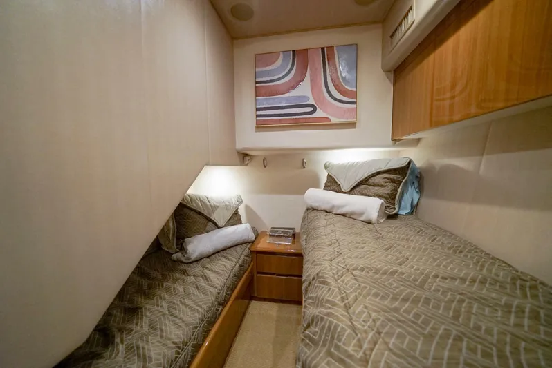 Synchronicity Yacht Photos Pics Cozy twin cabin in 2013 Viking 55 Convertible yacht with modern decor.