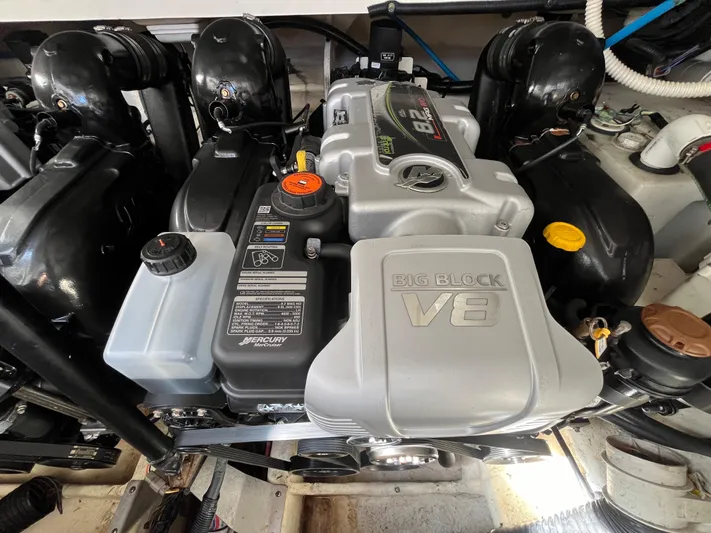  Yacht Photos Pics Engine compartment of a 2018 Sea Ray Sundancer 350 with a powerful V8 engine.