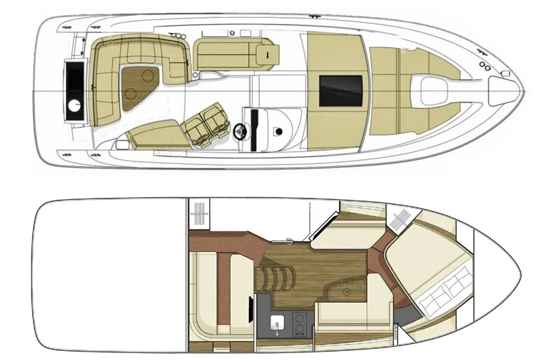  Yacht Photos Pics 2018 Sea Ray Sundancer 350 layout, featuring upper deck seating and lower cabin accommodations.