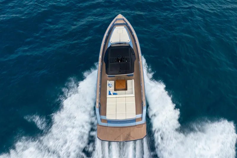 Exit Strategy Yacht Photos Pics 2023 Pardo Yachts 50 cruising on open water, aerial view.