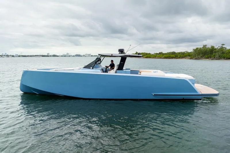 Exit Strategy Yacht Photos Pics 2023 Pardo Yachts 50, sleek blue design, cruising on calm waters.