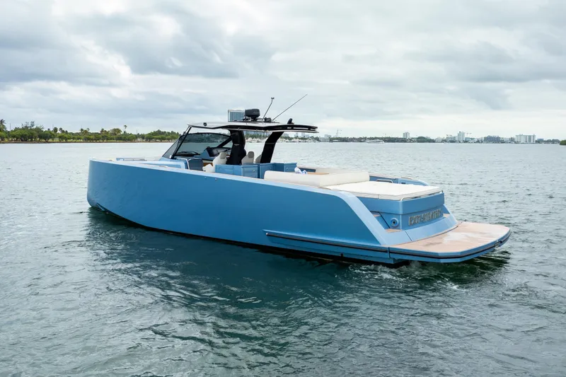 Exit Strategy Yacht Photos Pics 2023 Pardo Yachts 50, sleek blue design, cruising on calm waters.