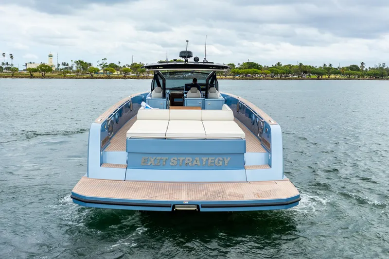 Exit Strategy Yacht Photos Pics 2023 Pardo Yachts 50 on water, rear view, named "Exit Strategy".