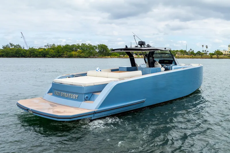 Exit Strategy Yacht Photos Pics 2023 Pardo Yachts 50 cruising on a calm waterway.